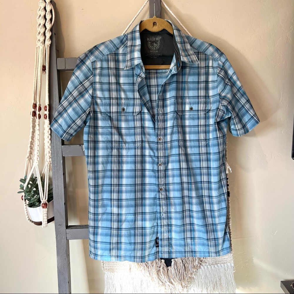 Kuhl Men's Short Sleeve Plaid Button-Down Shirt in Light Blue and White